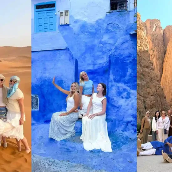 Multi-image collage showcasing key destinations on a Morocco desert tour from Casablanca, including travelers in the Merzouga sand dunes, the blue streets of Chefchaouen, and Todra Gorge. Morocco desert tour from Casablanca, Casablanca to Merzouga tour