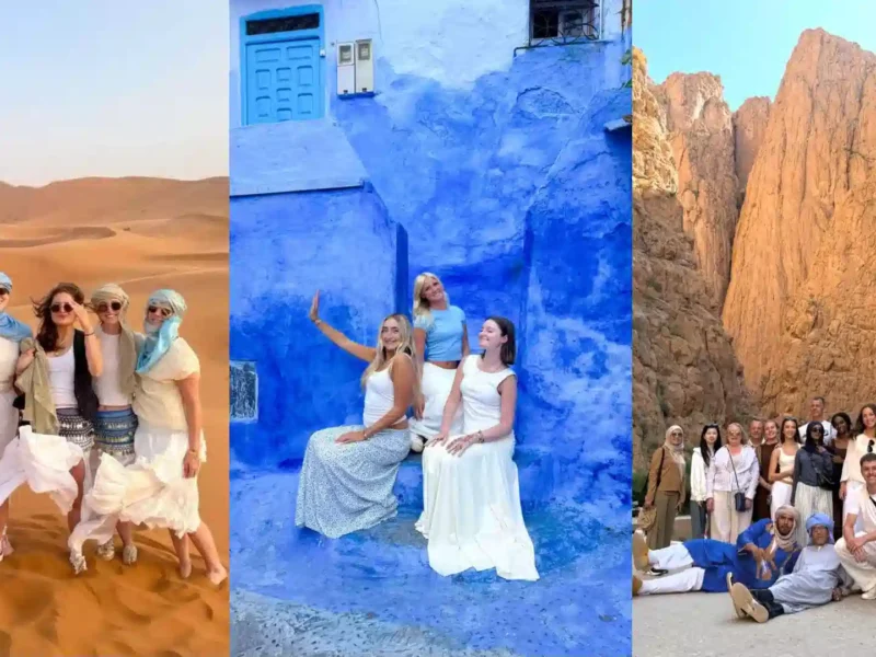 Multi-image collage showcasing key destinations on a Morocco desert tour from Casablanca, including travelers in the Merzouga sand dunes, the blue streets of Chefchaouen, and Todra Gorge. Morocco desert tour from Casablanca, Casablanca to Merzouga tour