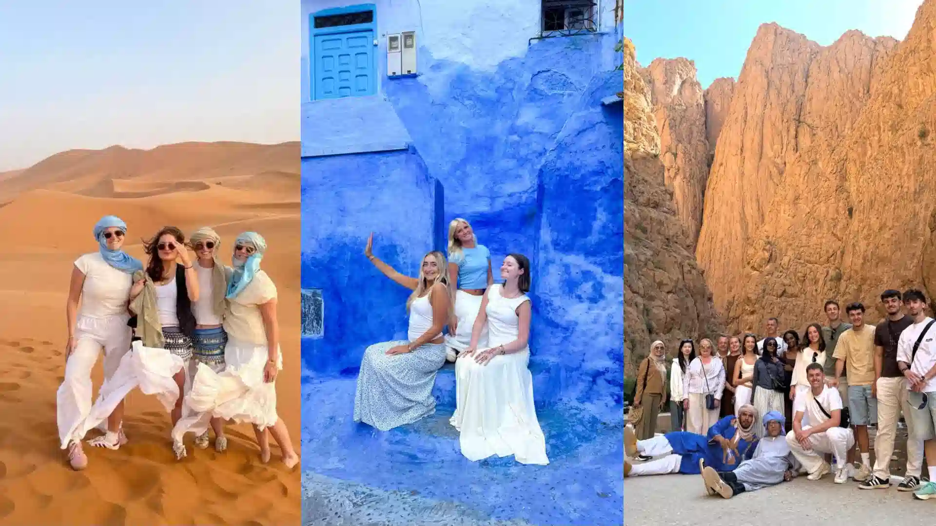 Multi-image collage showcasing key destinations on a Morocco desert tour from Casablanca, including travelers in the Merzouga sand dunes, the blue streets of Chefchaouen, and Todra Gorge. Morocco desert tour from Casablanca, Casablanca to Merzouga tour