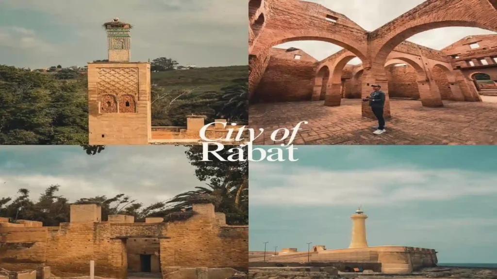 best time to visit Morocco Four-panel graphic of Rabat featuring a minaret with a stork nest, the red brick arches of Chellah, ancient fortress walls, and the seaside lighthouse.