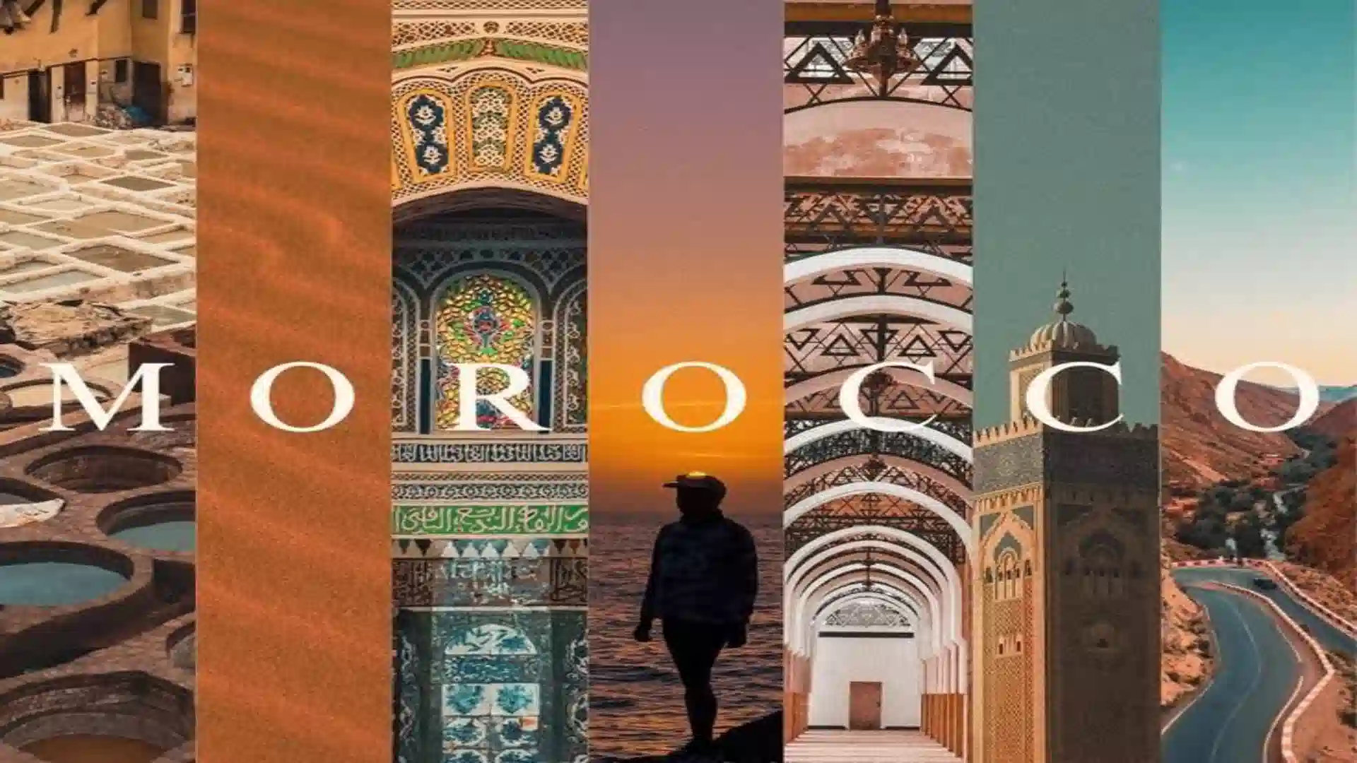 A vertical visual collage displaying top Moroccan sights including tannery vats, desert sand dunes, Islamic tilework, coastal sunset, vaulted hallways, and a minaret. best time to visit Morocco