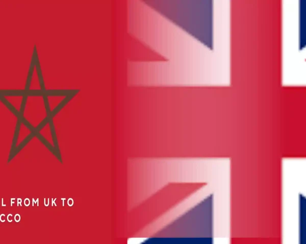 A promotional banner merging the Moroccan flag with the UK Union Jack flag, featuring the text Travel From UK to Morocco.