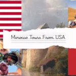 A travel collage poster for Morocco Tours FROM USA featuring an American flag, photos of people in traditional scarves, a kasbah, a desert scene, and the Moroccan flag.