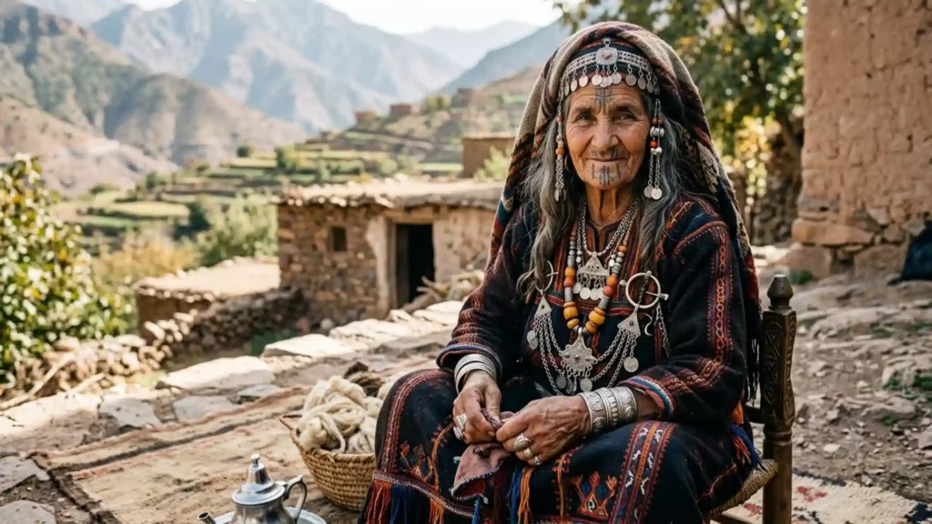 Berber Amazigh woman in traditional dress and Tiznit silver jewellery, High Atlas Mountains Morocco — Over Morocco Tours Berber culture guide 2026