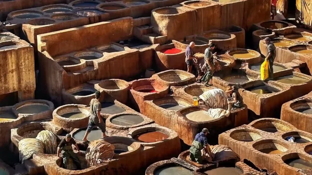 Chouara Tannery Fes Morocco — aerial view of the medieval leather tannery dye vats from rooftop terrace, Over Morocco Tours Fes guide 2026