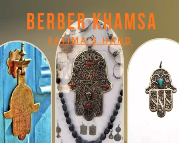KHAMSA or the hand of Fatima showcasing three arch-framed images a traditional Moroccan brass door knocker.