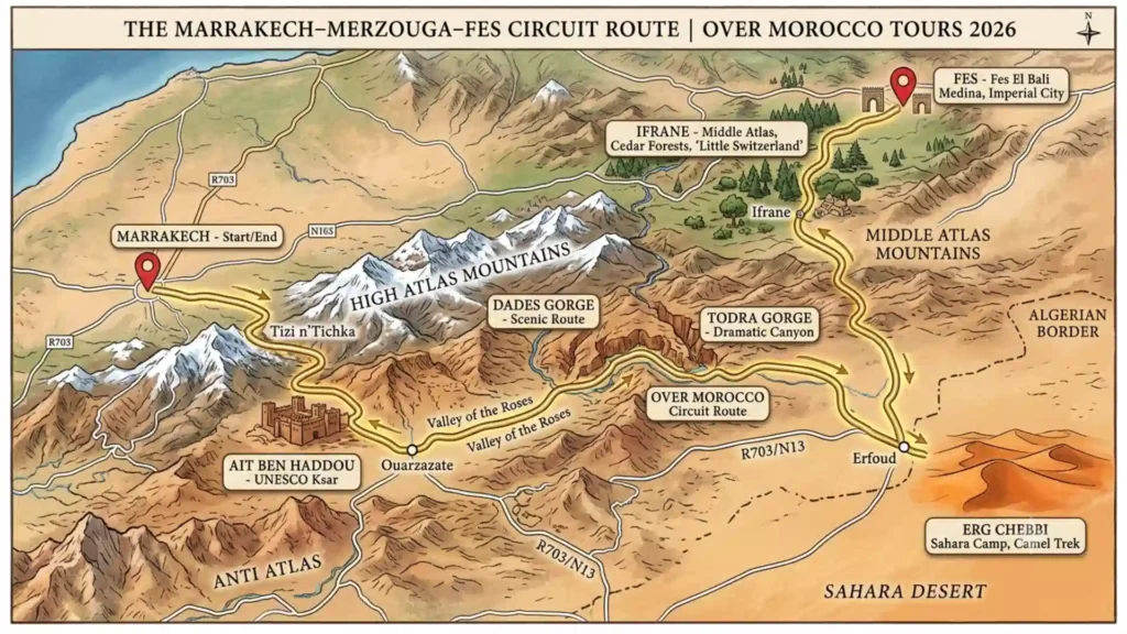 5 days tour from Marrakech to Merzouga and Fes — route map showing Ait Ben Haddou, Dades, Todra Gorge, Erg Chebbi, Ifrane and Fes, Over Morocco Tours 2026