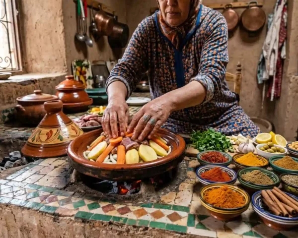 Morocco cooking class — making tagine in a traditional Moroccan kitchen, Marrakech, Over Morocco Tours 2026