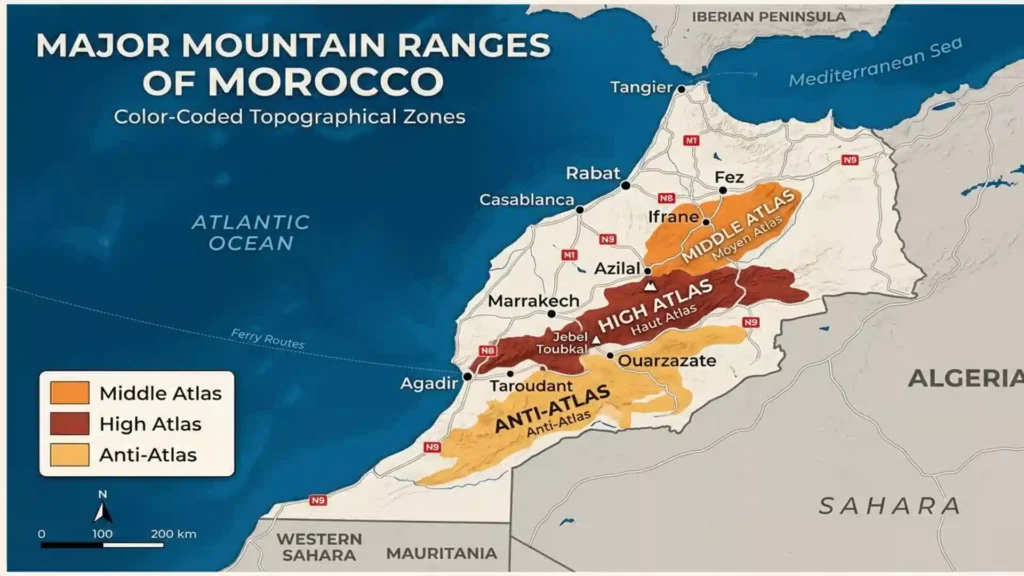 A color-coded topographical map showing the Middle Atlas, High Atlas, and Anti-Atlas ranges for major mountain ranges of Morocco.