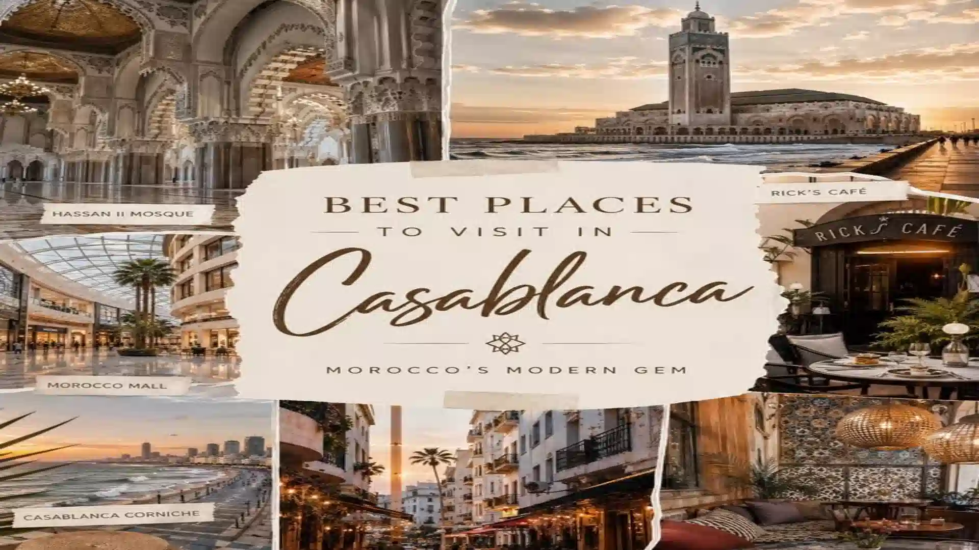 A photo collage with the text "Best Places to Visit and things to do in Casablanca - Morocco's Modern Gem" featuring Hassan II Mosque, Rick's Café, Morocco Mall, and the Corniche.