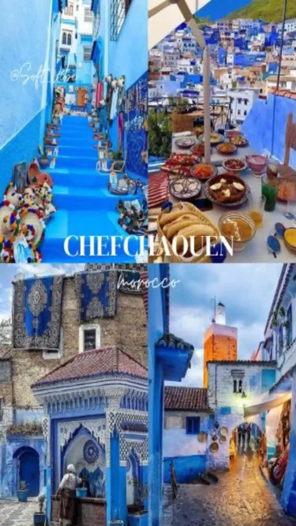 Four-panel collage displaying blue alley steps, rooftop dining, woven rugs, and historic arches in Chefchaouen, one of the top cities in Morocco.