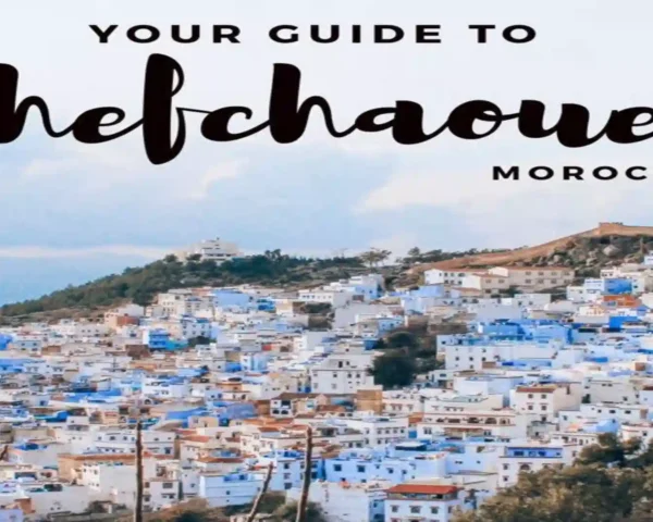 View of Chefchaouen's blue-and-white medina cascading down the hillside framed by green tree leaves in the foreground. why is Chefchaouen blue?
