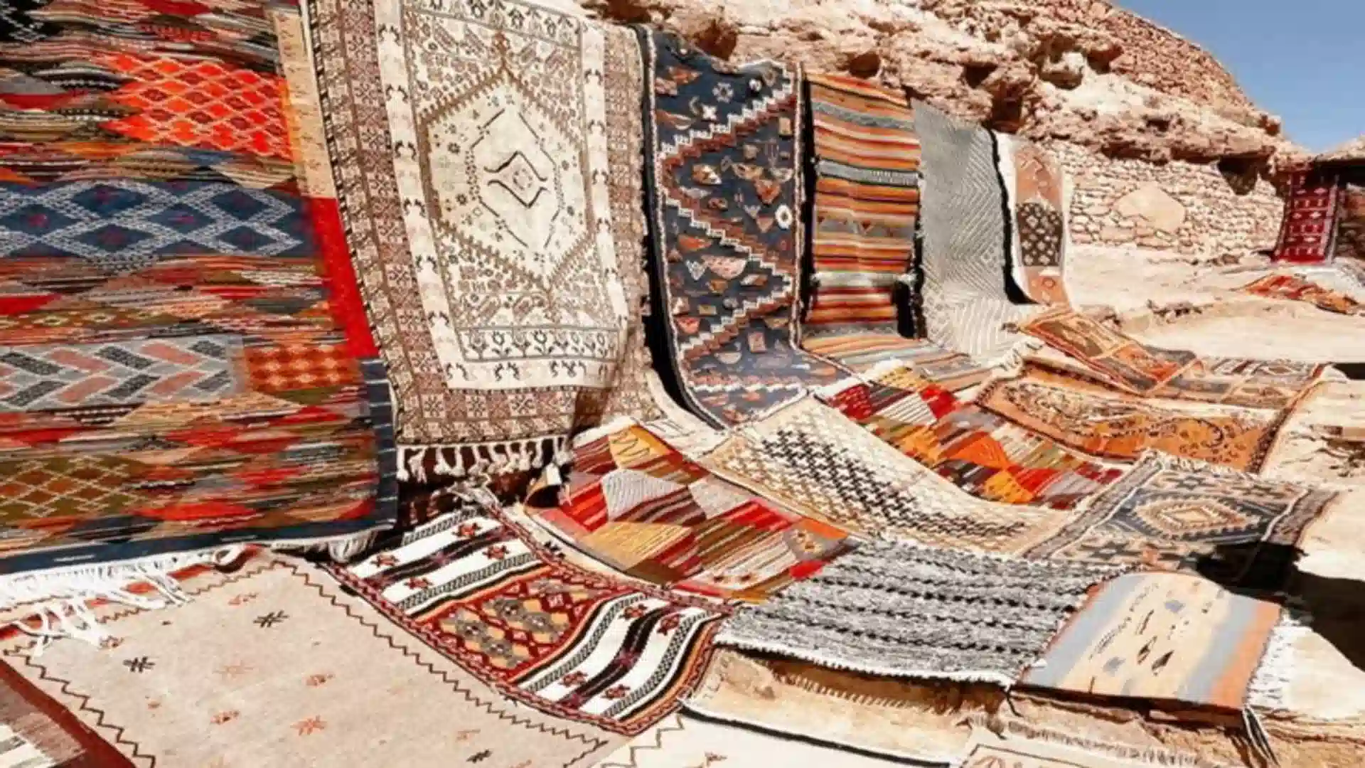 An outdoor display of colorful handmade Moroccan rug carpet and flat-woven Kilims resting against desert rocks and stone architecture.