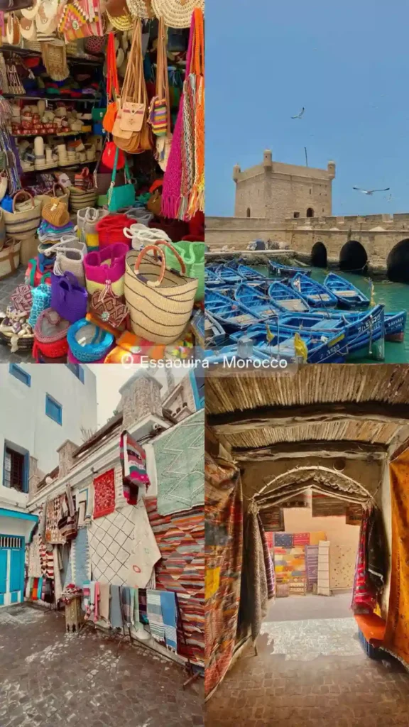 Four-panel collage depicting woven market bags, blue fishing boats by the Skala ramparts, carpet displays, and stone alleyways in Essaouira, one of the coastal cities in Morocco.