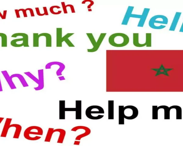 Colorful English phrases next to the national flag highlighting basic communication needs for what language is spoken in Morocco.