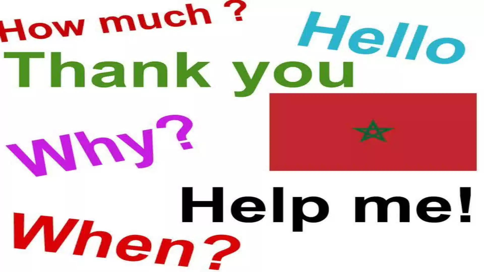 Colorful English phrases next to the national flag highlighting basic communication needs for what language is spoken in Morocco.
