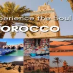 Promotional travel poster featuring the Koutoubia Mosque minaret framed by tall palm trees above a collage of Moroccan desert, souks, and coastal scenes.cities of Morocco.