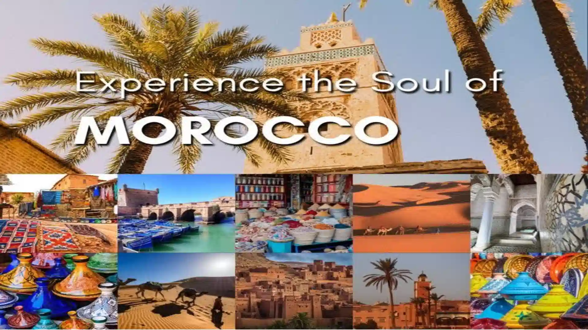 Promotional travel poster featuring the Koutoubia Mosque minaret framed by tall palm trees above a collage of Moroccan desert, souks, and coastal scenes.cities of Morocco.