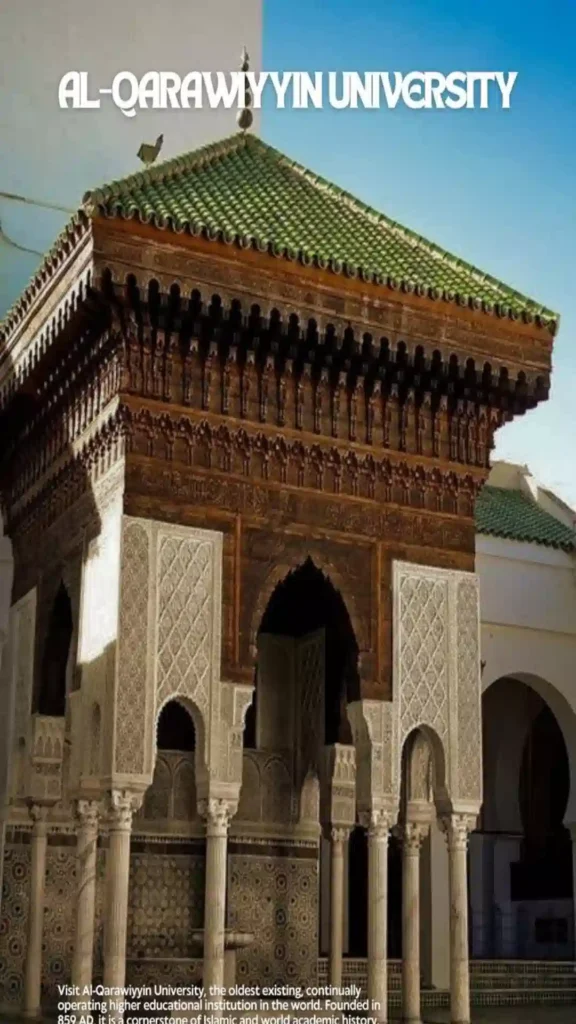 The ancient medina of Fez with the landmark Al-Qarawiyyin minaret rising above the historic skyline.