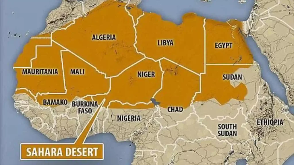 Map of North Africa highlighting the country boundaries across the region for key Sahara Desert facts.