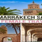 Pinterest graphic collage featuring Koutoubia Mosque, palm trees, and carved archways in Marrakech
