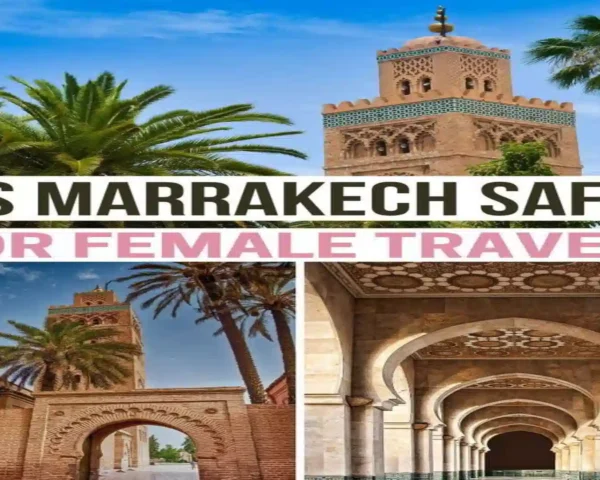 Pinterest graphic collage featuring Koutoubia Mosque, palm trees, and carved archways in Marrakech