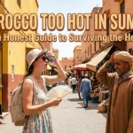 A tourist wiping sweat with a cloth while holding a fan in a sunlit Medina alley, asking is Morocco too hot in summer.
