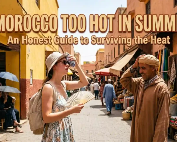 A tourist wiping sweat with a cloth while holding a fan in a sunlit Medina alley, asking is Morocco too hot in summer.