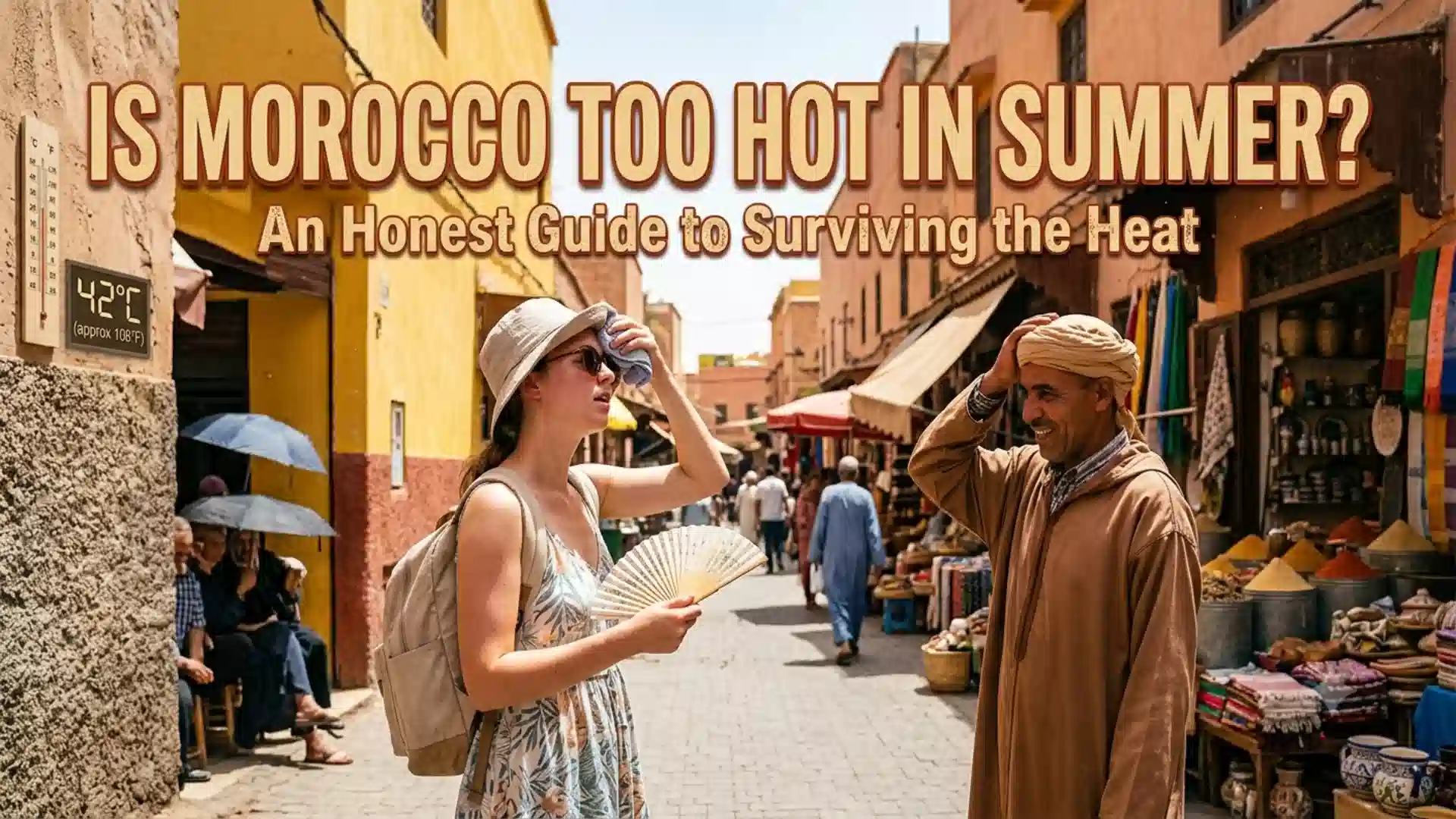 A tourist wiping sweat with a cloth while holding a fan in a sunlit Medina alley, asking is Morocco too hot in summer.