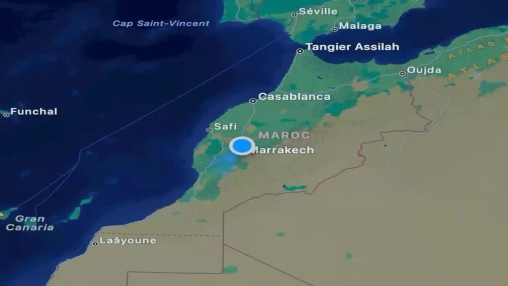 ap of North Africa featuring a location pin over the city to show what is Marrakech Morocco in terms of geography.