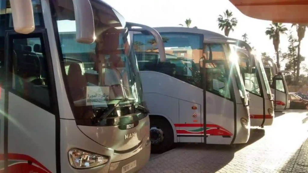 Modern coach buses parked lined up at a bus terminal ready for intercity travel across Morocco.