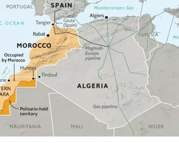 A detailed map of North Africa highlighting Morocco, Spain, and neighboring nations to answer is Morocco an African country.