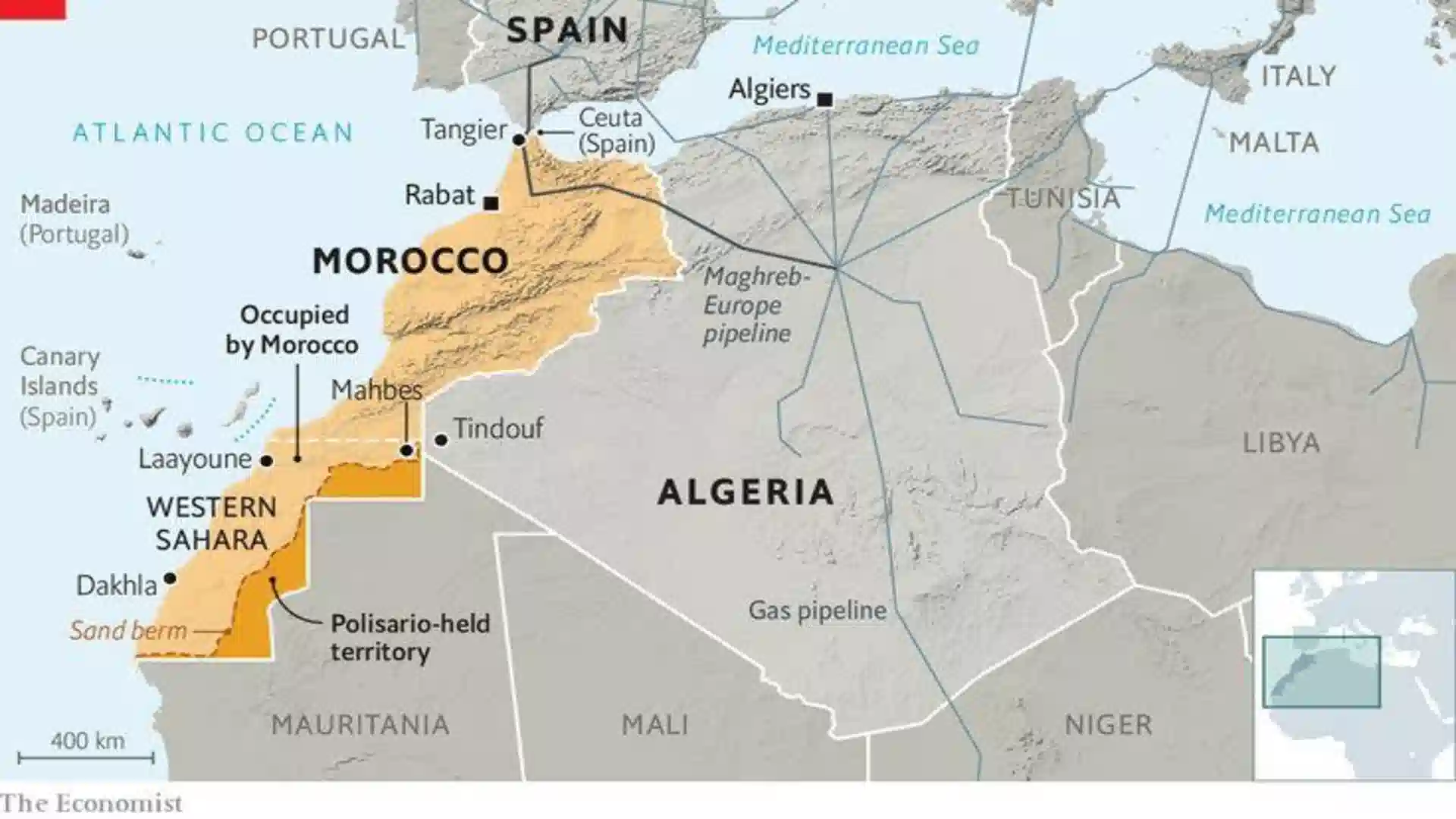 A detailed map of North Africa highlighting Morocco, Spain, and neighboring nations to answer is Morocco an African country.
