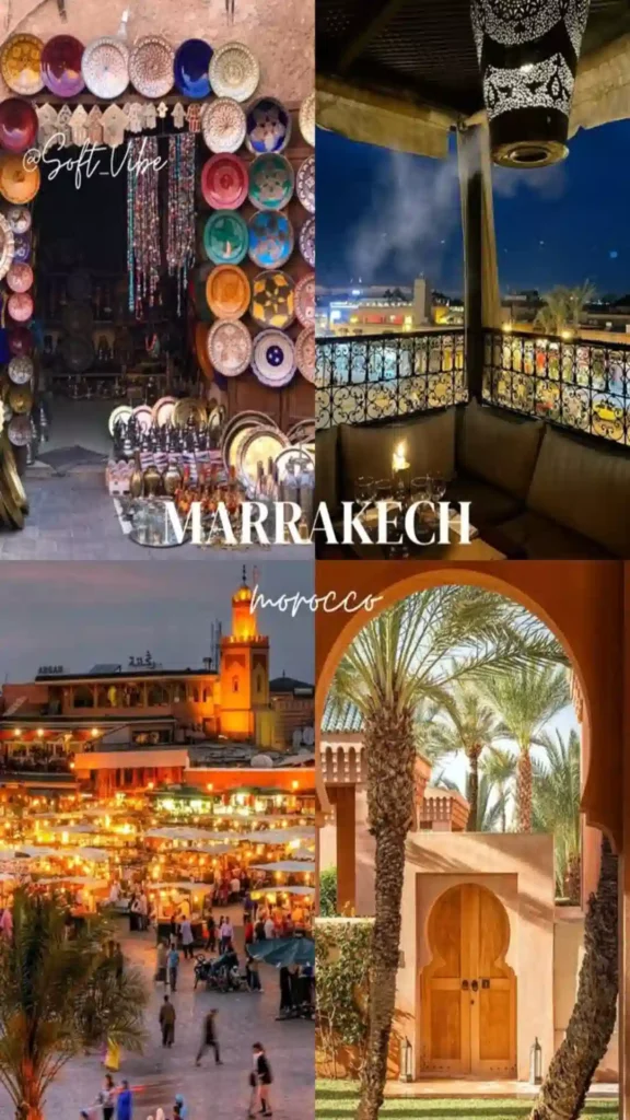 Four-panel photo collage featuring ceramic souk displays, Jemaa el-Fnaa night market, rooftop views, and traditional riad architecture in Marrakech, key among cities in Morocco.