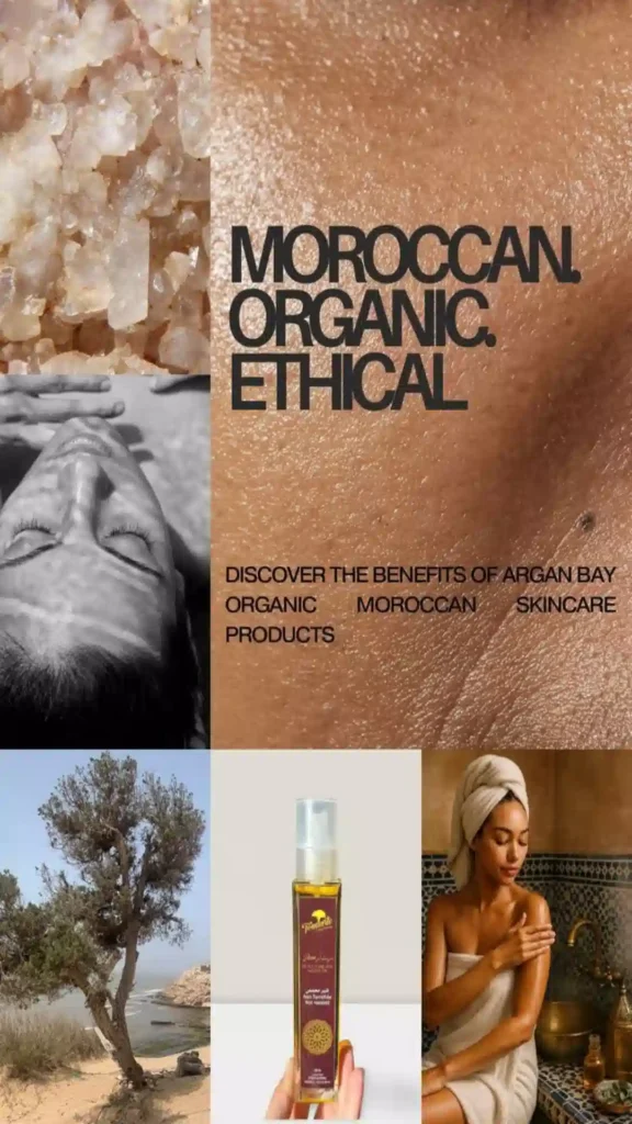 Grid showcasing organic Moroccan argan oil bottle, argan tree, and traditional application