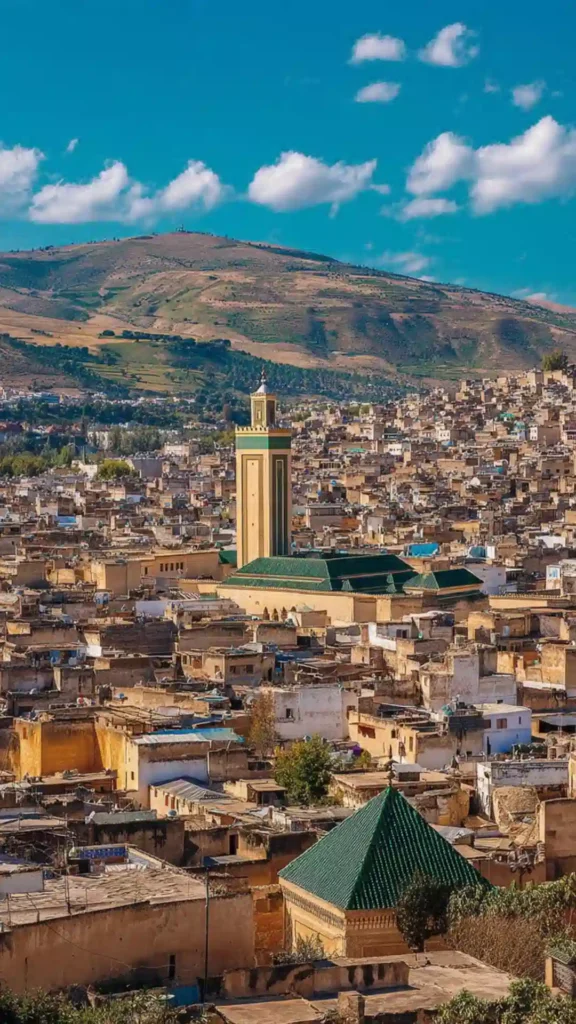 Panoramic view of the historic Fes el-Bali medina rooftops and green-tiled mosque minaret framed by surrounding hills when considering what to do in Morocco.