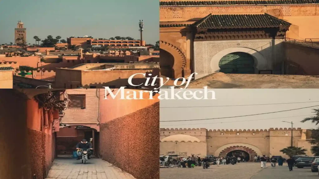 A four-picture collage displaying red ochre buildings, city gates, and narrow medina alleyways illustrating what is Marrakech Morocco.