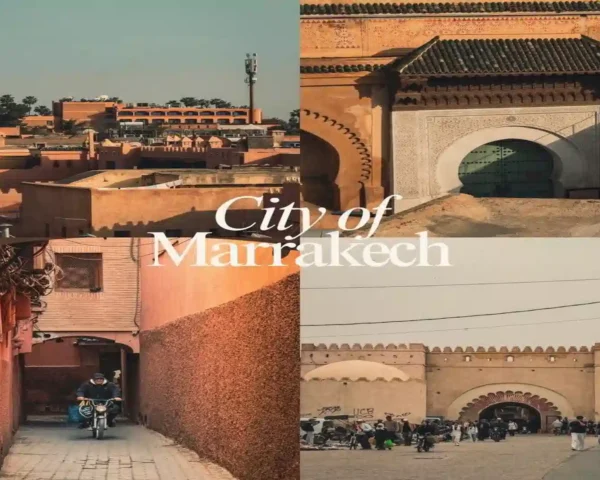 A four-picture collage displaying red ochre buildings, city gates, and narrow medina alleyways illustrating what is Marrakech Morocco.