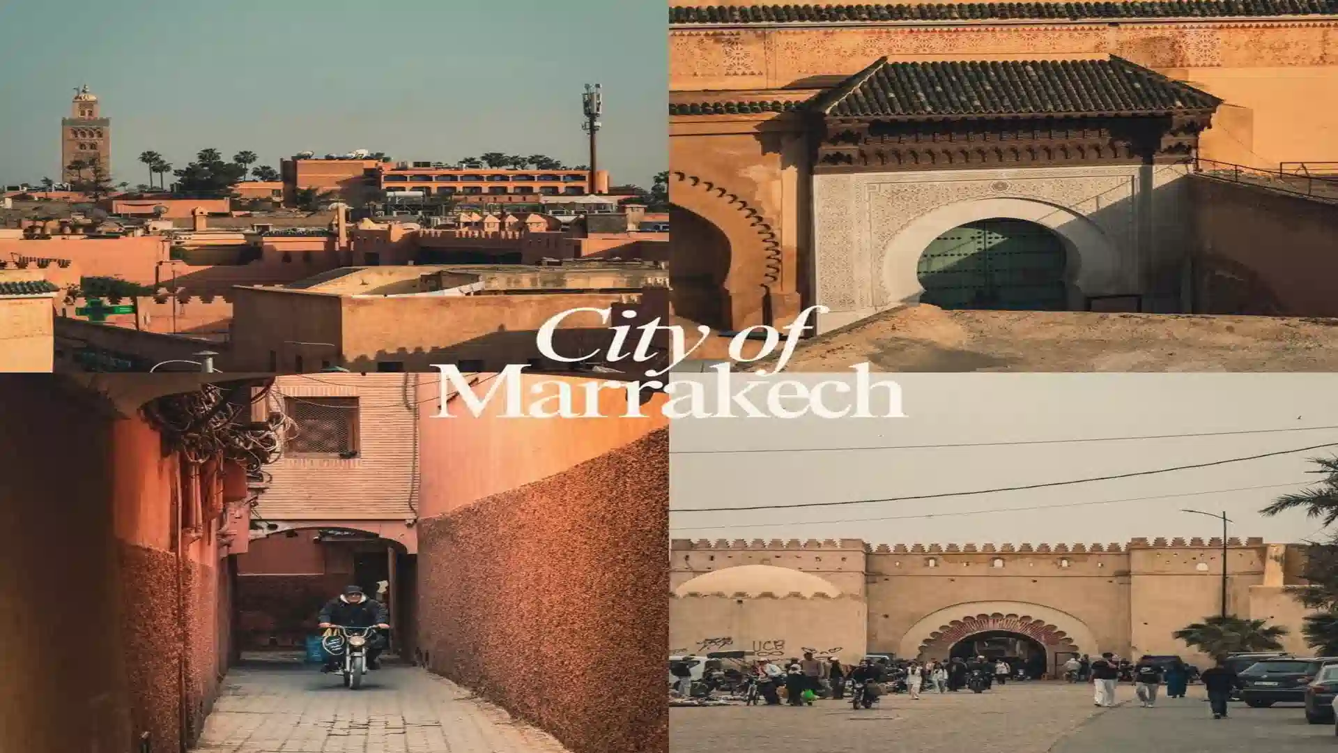 A four-picture collage displaying red ochre buildings, city gates, and narrow medina alleyways illustrating what is Marrakech Morocco.