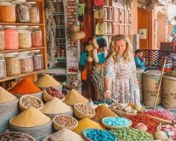 A traveler selecting spices from open baskets in a colorful medina shop with shelves packed in every corner.Is Marrakech Worth Visiting