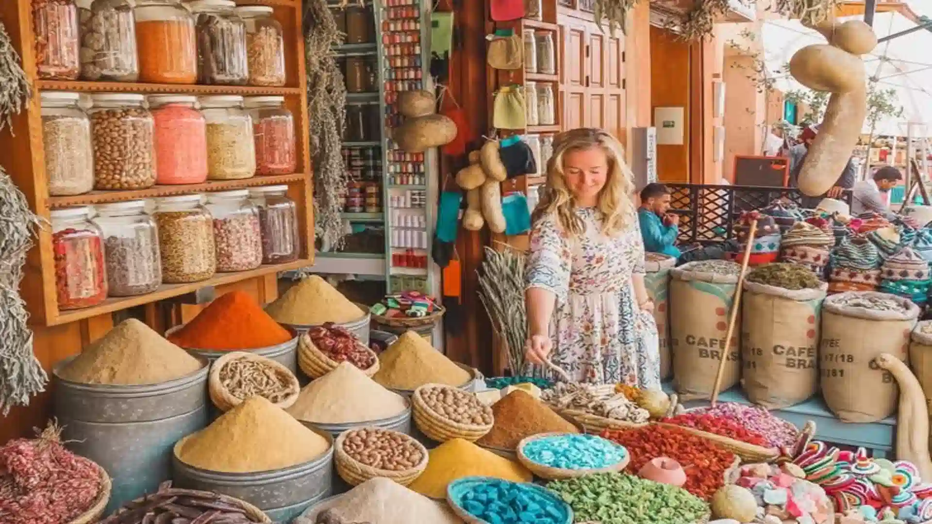 A traveler selecting spices from open baskets in a colorful medina shop with shelves packed in every corner.Is Marrakech Worth Visiting