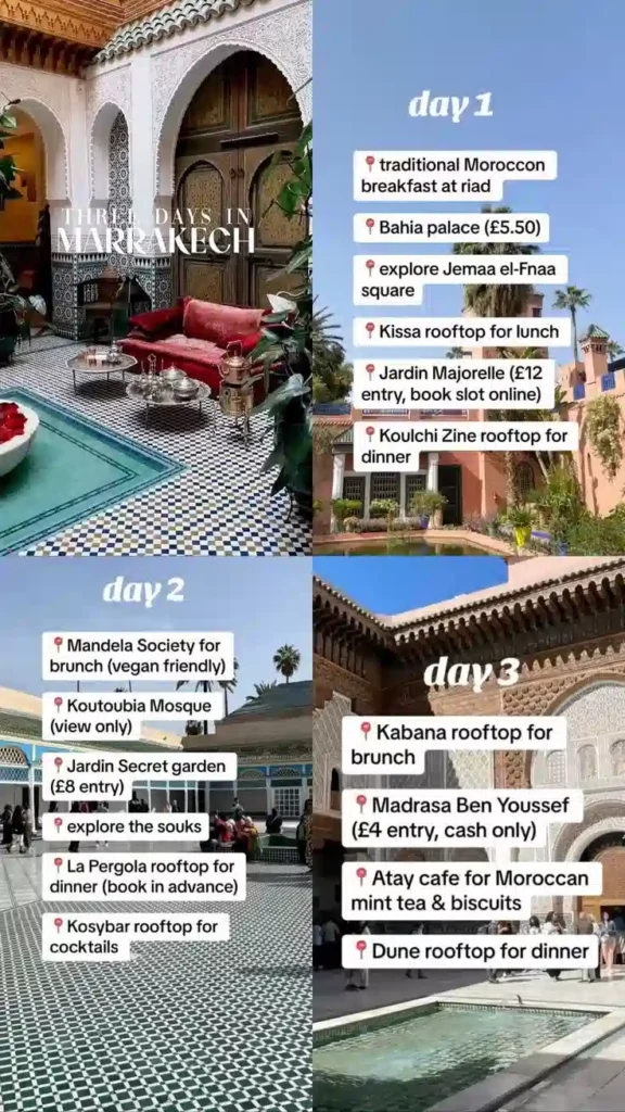 A four-grid travel graphic detailing a three-day itinerary to help visitors understand what is Marrakech Morocco through its main attractions.