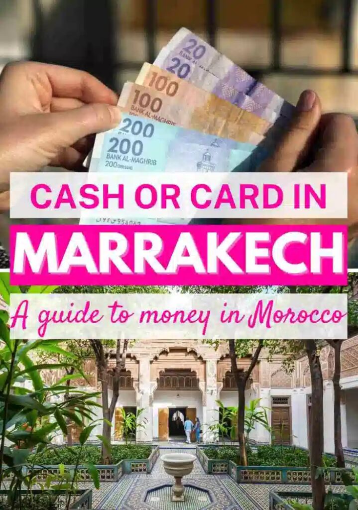Hands holding Moroccan Dirham banknotes above a serene riad courtyard titled Cash or Card with text asking do I need cash in Morocco.