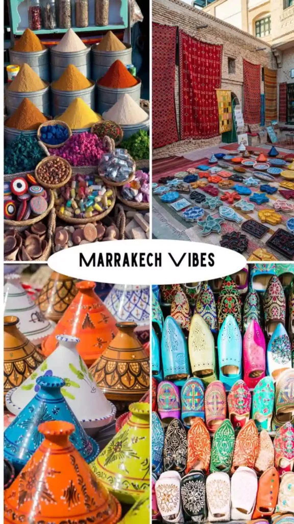 Four-panel collage showing spices, Moroccan rugs, colorful tagines, and leather slippers highlighting the 7 best souks in Marrakech.