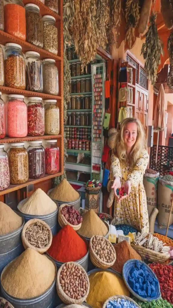 A smiling traveler standing in front of a traditional spice shop in Marrakech Morocco displaying colorful mounds of herbs and spices in every corner.