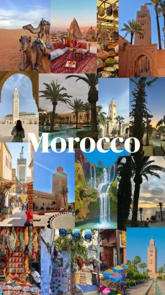 A photo collage featuring camels in the desert, Hassan II Mosque, local souks, and historic architecture across major cities in Morocco.