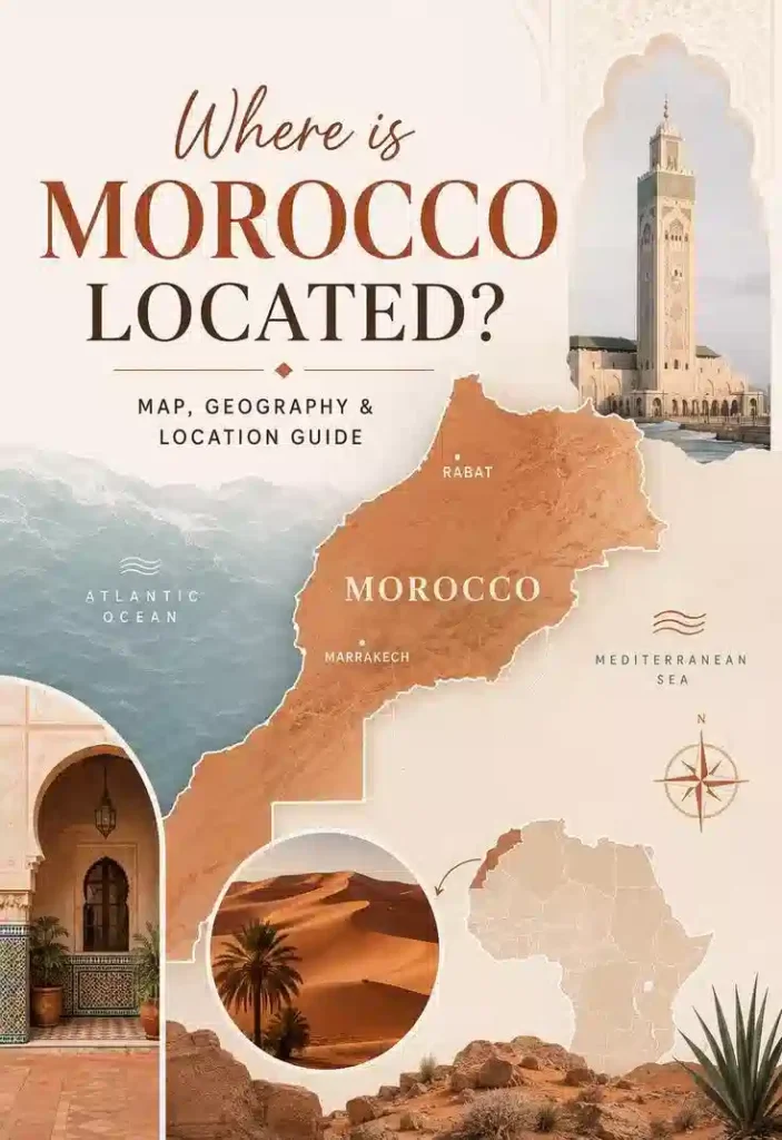 ap showing where is Morocco in Africa with regional landmarks, desert dunes, and traditional Moroccan archways.