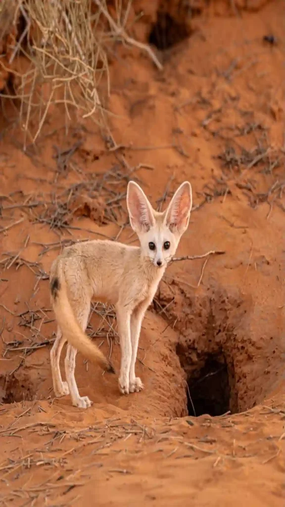 A small fennec fox standing near its desert burrow, demonstrating wildlife survival and Sahara Desert facts.