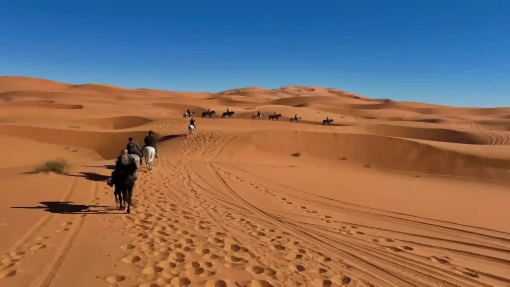 best time to go For Horse riding in Morocco. A line of horseback riders traveling single file over golden sand dunes in Merzouga, Morocco under a clear blue sky.